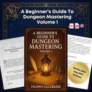 Puede incluir: Portada del libro "A Beginner's Guide to Dungeon Mastering Volume 1" con un diseño vintage. La portada presenta una linterna, una pluma y un mapa. También son visibles páginas adicionales y una pegatina dorada con texto.
