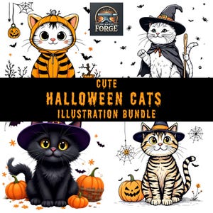 Halloween Cats Collection - 15 Adorable Digital Illustrations - Instant Download PNG