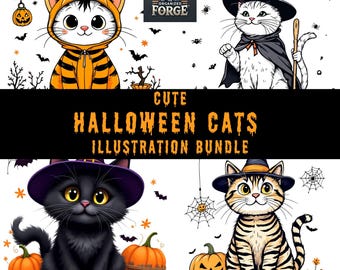 Halloween Cats Collection - 15 Adorable Digital Illustrations - Instant Download PNG