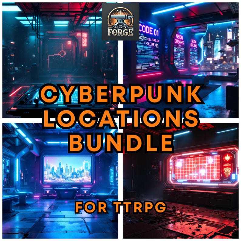 May include: A digital art bundle featuring four cyberpunk-themed locations. The image showcases neon-lit interiors with futuristic technology and cityscapes. Text on the image reads "CYBERPUNK LOCATIONS BUNDLE FOR TTRPG".