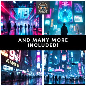 May include: A composite image showcasing a futuristic cityscape with neon lights and silhouettes of people. The text "AND MANY MORE INCLUDED!" is displayed prominently. The Organized Forge logo is in the top left.