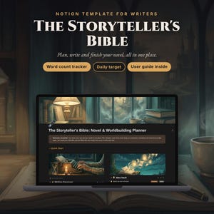 Peut inclure: Un modèle Notion numérique pour écrivains intitulé The Storyteller's Bible, comprenant un suivi du nombre de mots, un objectif quotidien et un guide utilisateur. L'interface affiche un planificateur de roman et de worldbuilding avec des sections.