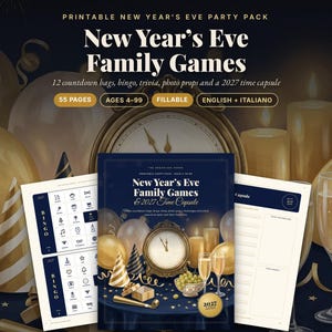 Può includere: Un pacchetto stampabile di giochi per famiglie per Capodanno con 55 pagine, 12 sacchetti per il conto alla rovescia, bingo, trivia, oggetti di scena per foto e una capsula del tempo 2027. La copertina mostra un orologio, palloncini e calici.
