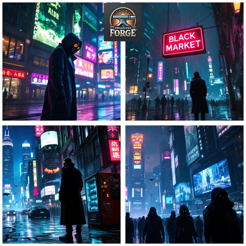 May include: A digital art collage depicts a futuristic cityscape at night, with neon signs and hooded figures. The words "BLACK MARKET" are displayed on a red sign. The Organized Forge logo is in the top right corner.