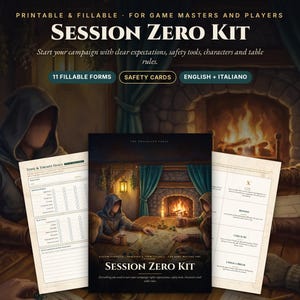 May include: A Session Zero Kit for tabletop roleplaying games, featuring 11 fillable forms and safety cards in English and Italian. The kit includes printed sheets with text, including 'Tone & Themes Dials' and 'Session Zero Kit' branding.