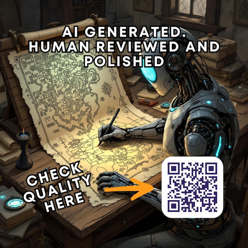 May include: An illustration of a robot writing on a map. The text "AI GENERATED. HUMAN REVIEWED AND POLISHED" is at the top. The text "CHECK QUALITY HERE" is at the bottom with a QR code. An orange arrow points to the QR code.