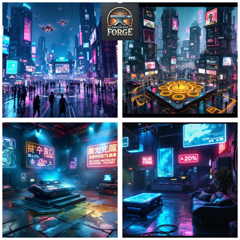 May include: A digital art collage depicting a futuristic cityscape with neon lights and flying vehicles. The scene includes bustling streets, towering buildings, and glowing signs. The Organized Forge logo is visible.
