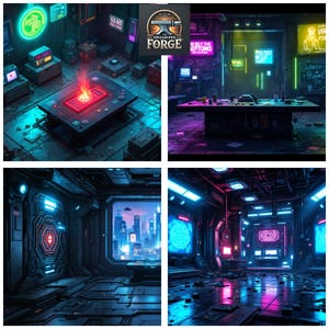 May include: A collage of four images depicting futuristic, neon-lit interiors. The scenes feature tables with glowing elements, computer screens, and a cityscape visible through a window. The Organized Forge logo is visible in the top center.