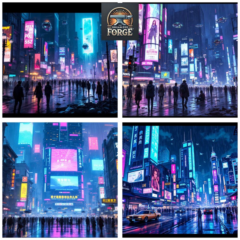 May include: A futuristic cityscape with neon signs and a crowd of people walking on a wet street. The buildings are tall and the signs are in various languages. The sky is dark and the overall color scheme is blue and pink.