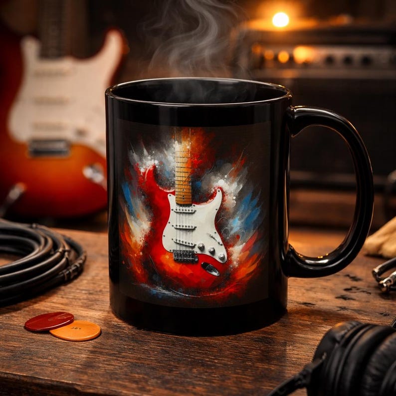 Black Guitar Coffee Mug | Musician Gift | Rock Music Studio Cup | Electric Guitar Art Mug | Music Lover Gift image 1