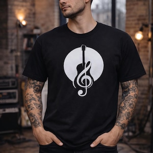 Musician Graphic Tee | Guitar Treble Clef Design | Music Muse Shop Shirt | Gift for Guitar Player | Songwriter Apparel | Acoustic Art Tee