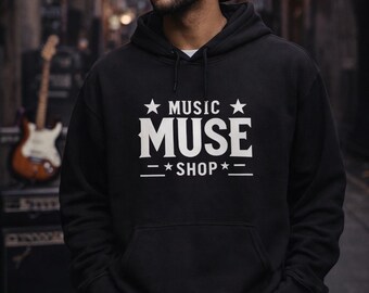 Musician Hoodie | Music Muse Shop Black Pullover | Unisex Music Lover Gift | Urban Streetwear Aesthetic | Minimalist Graphic Music Apparel