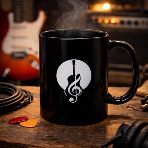 Black Guitar Coffee Mug | Musician Gift | Rock Music Studio Cup | Electric Guitar Art Mug | Music Lover Gift image 2