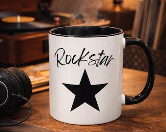 Coffee Mug | Rockstar Coffee Mug | Musician Gift | Rockstar Star Cup | Birthday Gift for Rock Fan | Black and White Music Mug |