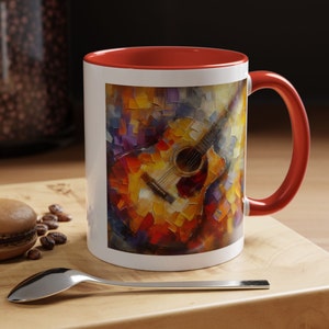 Music Lover Coffee Mug, Guitar Enthusiast Tea Cup, Colorful Acoustic Instrument Drinkware, Serene Painting Home Decor, Unique Musician Gift