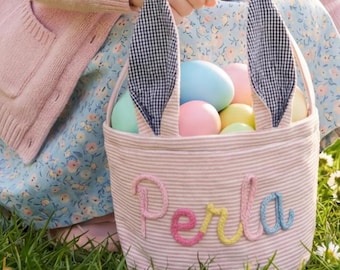Cesta de Pascua con nombre personalizado, cesta de mano personalizada, cesta de mano personalizada con orejas de conejo de Pascua, cesta de regalo para niños, asa con nombre
