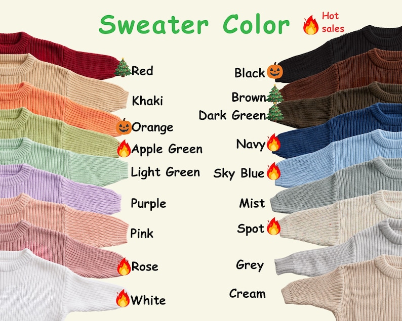 Op de afbeelding: Een kleurenkaart met twintig geribbelde gebreide truien in verschillende tinten, waaronder rood, kaki, oranje, appelgroen, lichtgroen, paars, roze, roos, wit, zwart, bruin, donkergroen, marineblauw, hemelsblauw, mist, gevlekt, grijs en cr&egrave;me.
