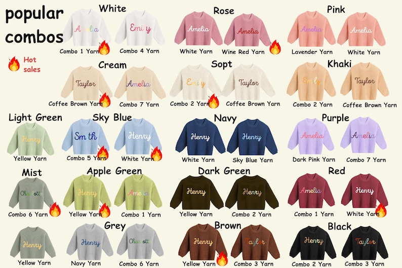 Op de afbeelding: Een collectie truien met lange mouwen en ronde hals in diverse kleuren waaronder wit, roze, roze, cr&egrave;me, kaki, lichtgroen, hemelsblauw, marineblauw, paars, mist, appelgroen, donkergroen, rood, grijs, bruin en zwart, elk met geborduurde namen.