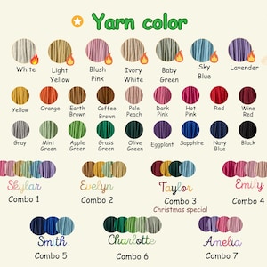 Op de afbeelding: Een kleurenkaart met verschillende garenkleuren, gelabeld met namen zoals White, Yellow en Black. Hieronder worden zeven kleurencombinaties getoond met namen zoals Skylar, Evelyn, Taylor, Emily, Smith, Charlotte en Amelia, aangeduid als Combo 1 tot 7.