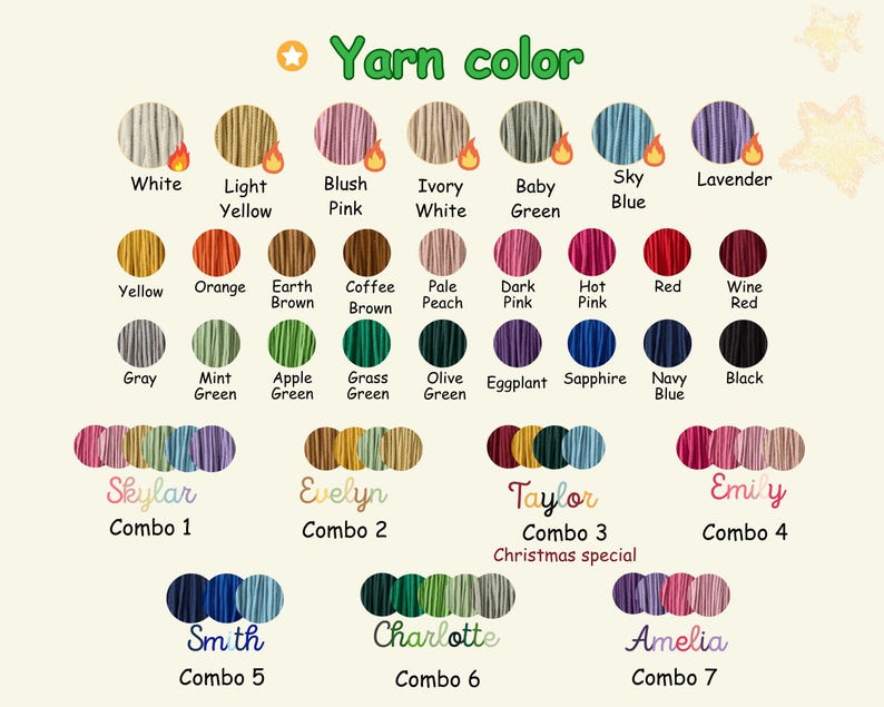 Op de afbeelding: Een kleurenkaart met verschillende garenkleuren, gelabeld met namen zoals White, Yellow en Black. Hieronder worden zeven kleurencombinaties getoond met namen zoals Skylar, Evelyn, Taylor, Emily, Smith, Charlotte en Amelia, aangeduid als Combo 1 tot 7.