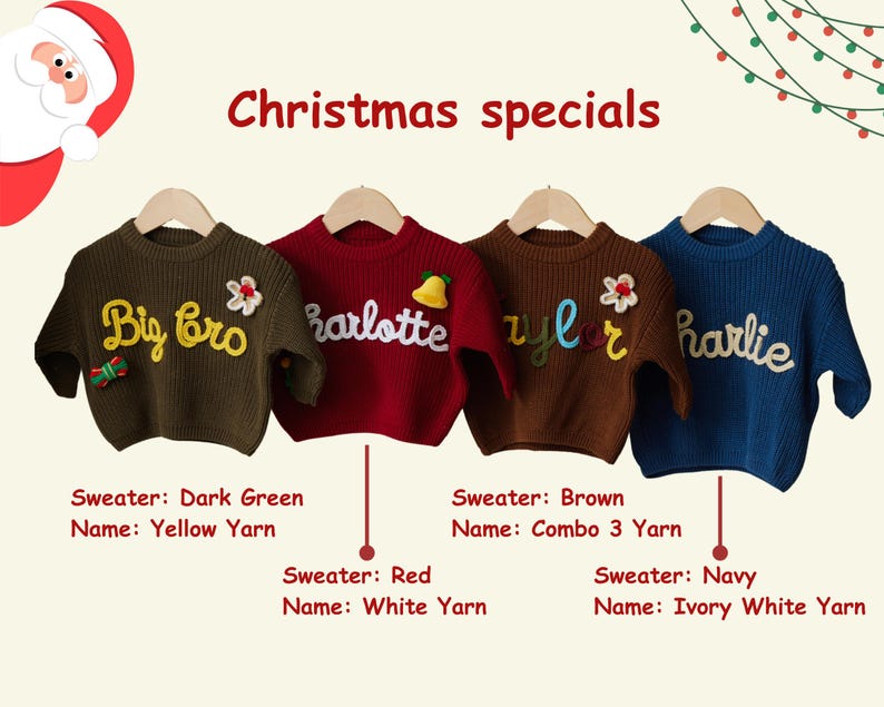 May include: Four children's sweaters in dark green, red, brown, and navy blue, each with a name embroidered in a contrasting color. The sweaters are displayed on wooden hangers, with the text "Christmas specials" above them.