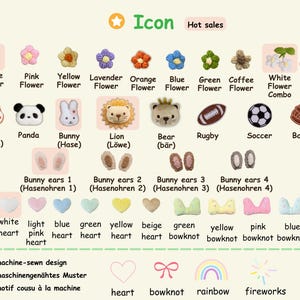 Op de afbeelding: Een verzameling kleine, geborduurde pluche patches met diverse ontwerpen, waaronder bloemen, dieren zoals een vos, panda, konijn, leeuw en beer, sportballen, konijnenoren, hartjes en strikjes, voorzien van labels in het Engels en Duits.