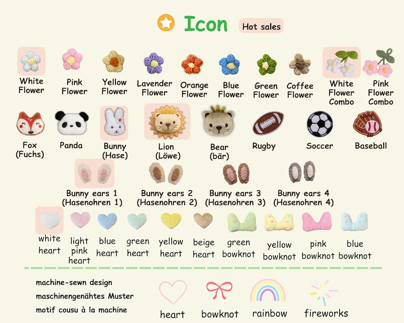 Op de afbeelding: Een verzameling kleine, geborduurde pluche patches met diverse ontwerpen, waaronder bloemen, dieren zoals een vos, panda, konijn, leeuw en beer, sportballen, konijnenoren, hartjes en strikjes, voorzien van labels in het Engels en Duits.