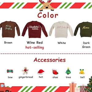May include: A promotional image showcasing Christmas-themed sweaters in brown, wine red, white, and dark green. The sweaters have text that says "Merry Christmas", "Charlotte's mama", and "Mama". Accessories include a bow, gingerbread man, hat, shoe, tree, and bell.