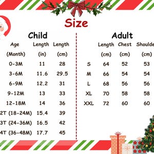 May include: A size chart for children and adults, with measurements in inches and centimeters. The chart includes age ranges, lengths, chest, and shoulder measurements. The design features a Christmas theme with Santa Claus, a Christmas tree, and gift boxes.