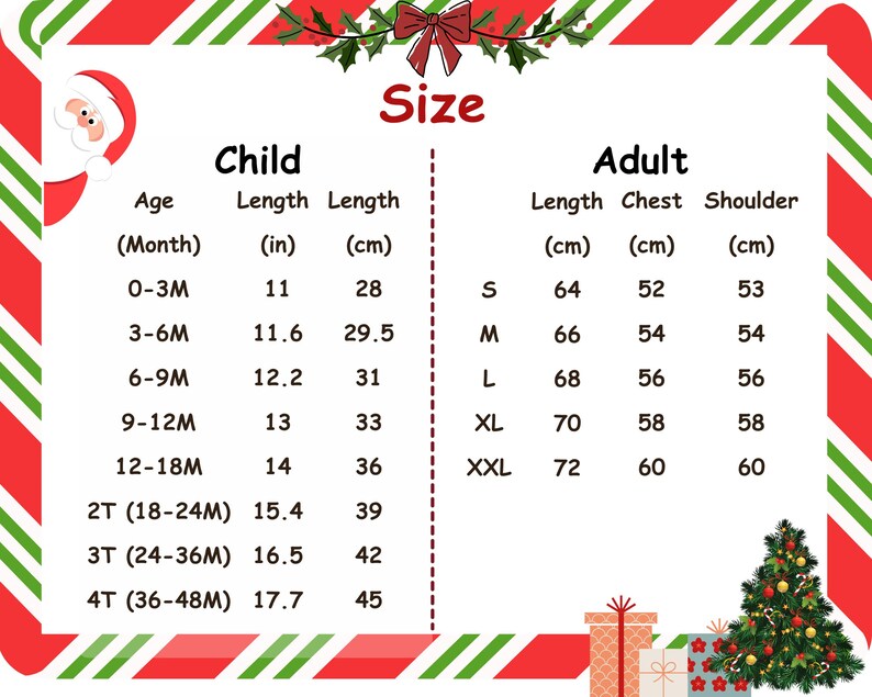May include: A size chart for children and adults, with measurements in inches and centimeters. The chart includes age ranges, lengths, chest, and shoulder measurements. The design features a Christmas theme with Santa Claus, a Christmas tree, and gift boxes.