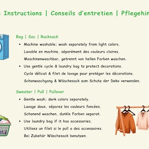 Op de afbeelding: Een informatieve afbeelding met de titel Care Instructions, voorzien van iconen van een blauwe wasmachine, een roze wasmiddelfles, een groene wasmand en een houten kledingrek met twee truien. De tekst bevat wasinstructies voor tassen en truien.