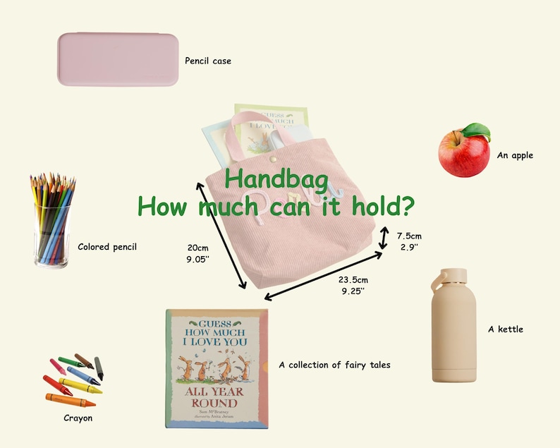 Może przedstawiać: R&oacute;żowa torebka sztruksowa o szerokości 23,5 cm i wysokości 20 cm z napisem "Handbag" i "How much can it hold?". Na zdjęciu znajduje się r&oacute;wnież pi&oacute;rnik, kredki, kredki świecowe, książka, jabłko i czajnik.