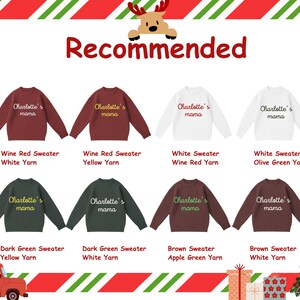 May include: A selection of crewneck sweaters in various colors, including wine red, white, dark green, and brown. Each sweater features the text "Charlotte's mama" in a contrasting color. The image is framed with a festive Christmas theme.