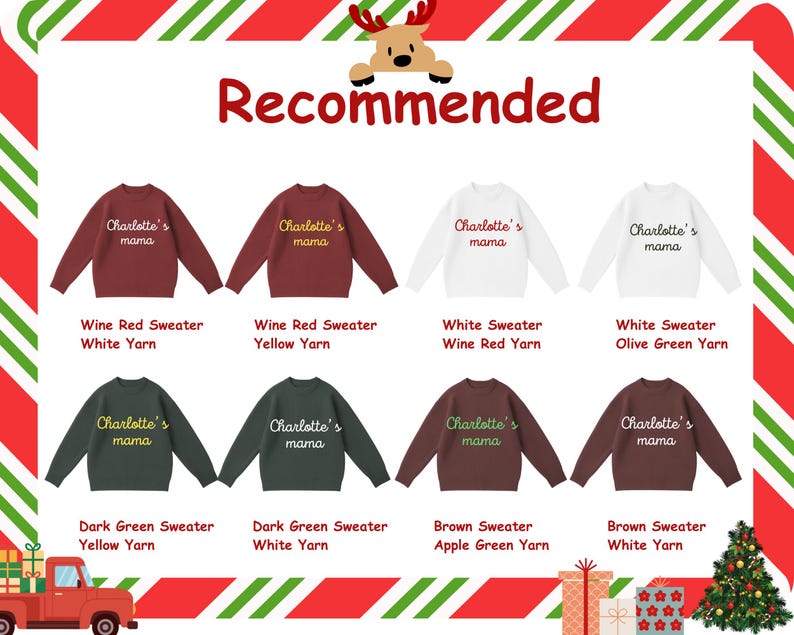 May include: A selection of crewneck sweaters in various colors, including wine red, white, dark green, and brown. Each sweater features the text "Charlotte's mama" in a contrasting color. The image is framed with a festive Christmas theme.