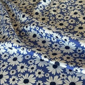 Navy Blue Daisy Fabric – White Daisies with Black Centers on Deep Blue Cotton – Bold Floral Modern Quilting Fabric by the Yard