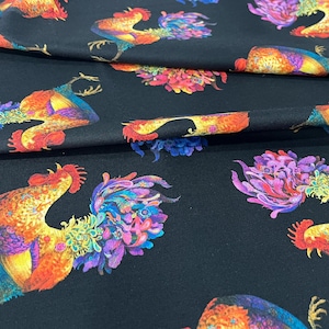 Rainbow Roosters on Black – Bold Country Farm Print – Quilting Cotton by the Yard