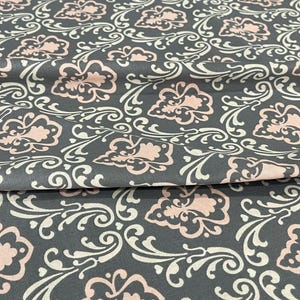 Pink & Cream Damask on Grey – Vintage Inspired Apparel Cotton – Quilting Cotton by the Yard