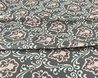 Pink & Cream Damask on Grey – Vintage Inspired Apparel Cotton – Quilting Cotton by the Yard
