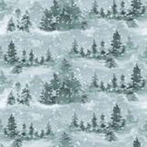 May include: A repeating pattern of watercolor evergreen trees in a snowy landscape. The trees are various sizes and shades of gray and green, with white snow and a soft, blurred background. The overall effect is a serene, wintery scene.