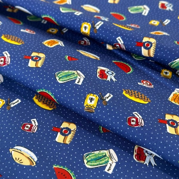 Tecido Navy Picnic Toss – Estampa Fair Food, Algodão para Patchwork vendido por metro