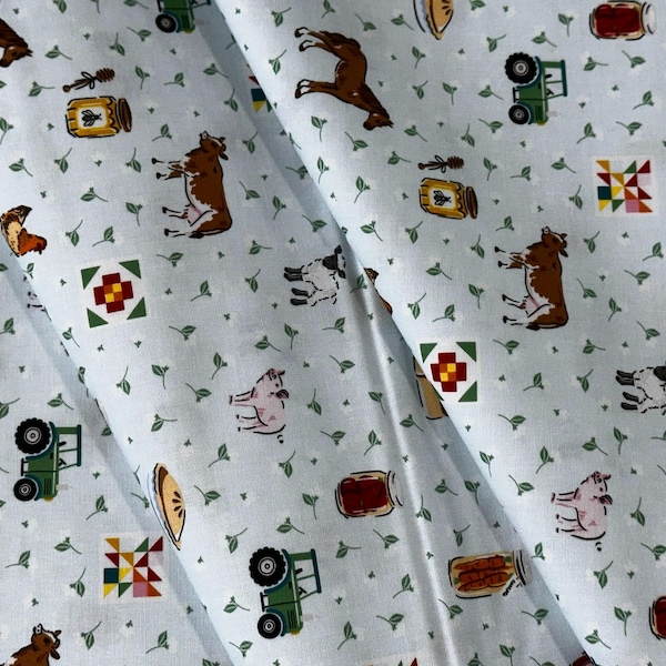Tecido Farm Toss – Animais, Celeiros, Algodão para Patchwork por Metro