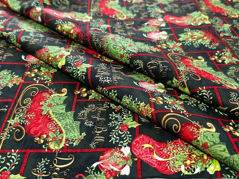Christmas Patchwork Fabric: Holiday Stockings, Holly, and Gold Accents image 1