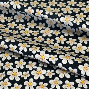 White Daisy Floral Fabric | Small Flowers on Black Background | Cotton Fabric by the Yard | Retro Spring Garden Print