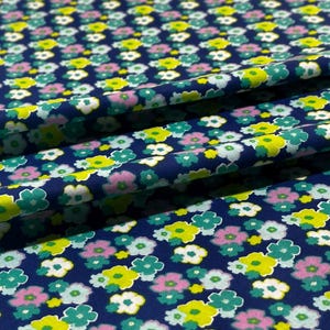 Retro Floral Cotton Fabric, Teal Lime White Pink Flowers on Navy, Small Floral Quilting Fabric by Yard, Vintage Style Cotton