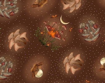 May include: A repeating pattern featuring moths, mushrooms, and moons on a dark brown background. The moths are brown and orange, the mushrooms are red and white, and the moons are crescent-shaped. White dots are scattered throughout the design.