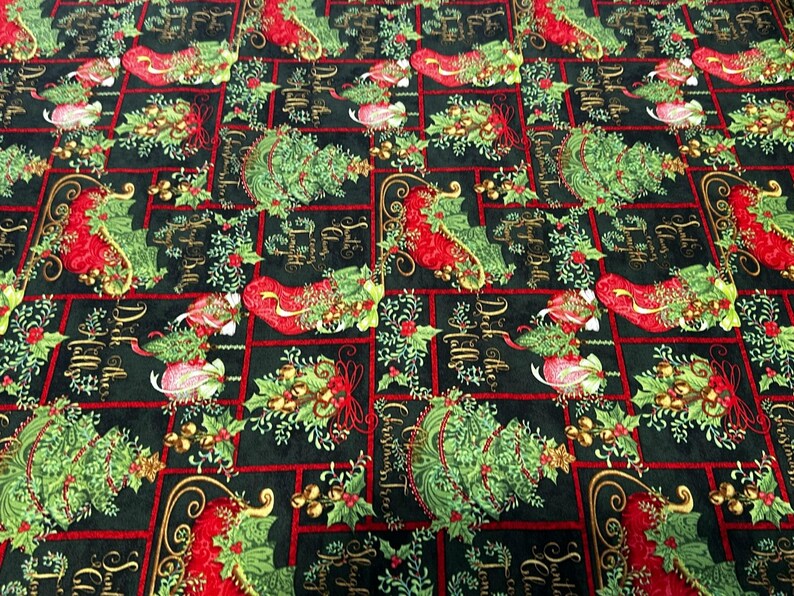 Christmas Patchwork Fabric: Holiday Stockings, Holly, and Gold Accents image 2