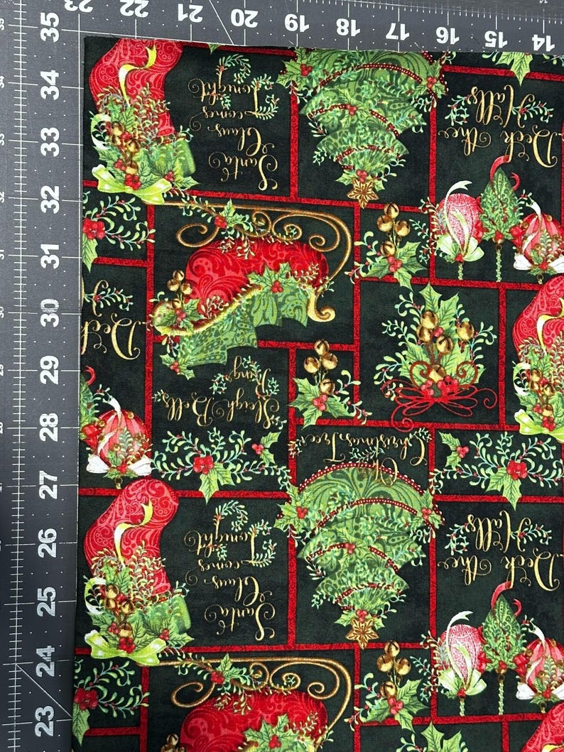 Christmas Patchwork Fabric: Holiday Stockings, Holly, and Gold Accents image 3