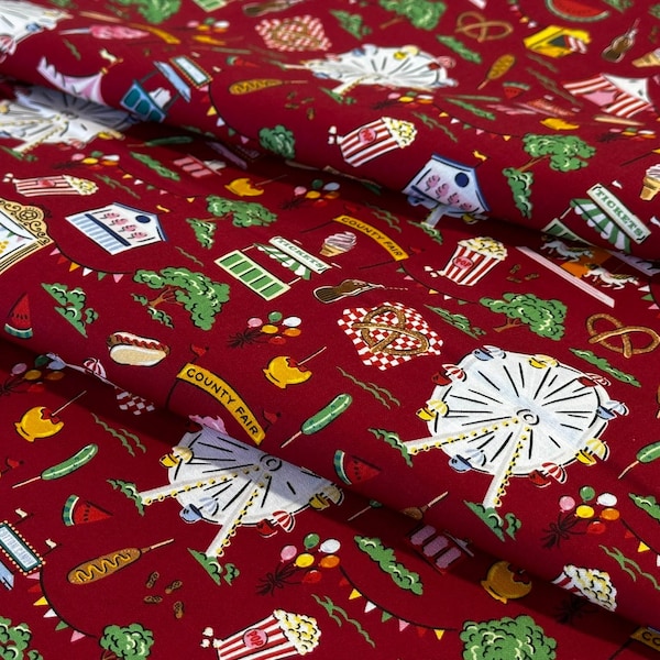 Tecido de algodão para patchwork com estampa de cena de parque de diversões vermelho – roda-gigante, tendas, barracas de comida (vendido por metro)