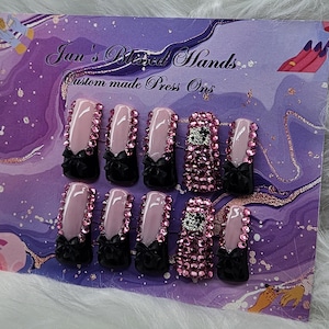 BLINGED OUT Pink and Black Long Length Duckie Press on Nails.