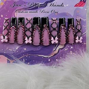Pink and Black XL Square Bling French Tip Press On Nails